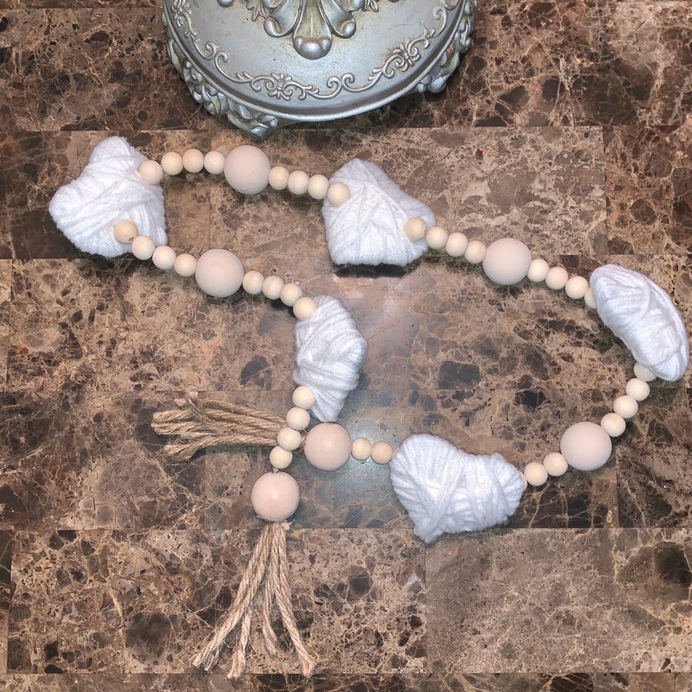 Farmhouse Wood Bead and Yarn Wrapped Hearts Garland , New Handmade, 36”